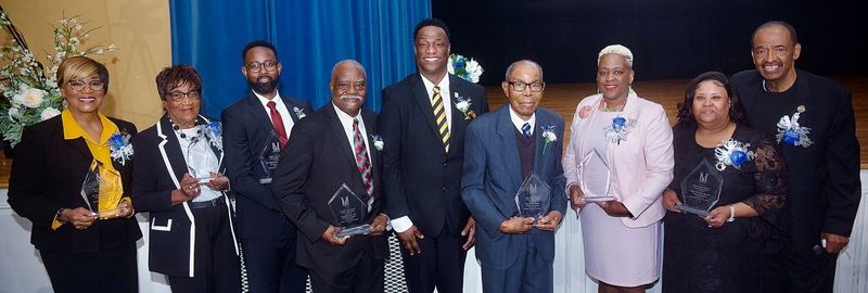 Group photo, from left to right: Dr. Margaret Gilmore, Samella Porter, Marcus Rivera, Rev. Floyd Hughes, Dr. Ronnie Hopkins (President and CEO of Voorhees), Rev. Isaiah Odom, Terri Franklin, Elder Priscilla Spruill, Dr. Cleveland Sellers